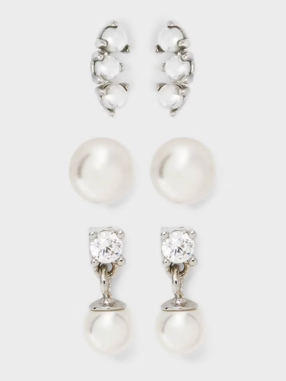 Sterling Silver Pearl Dangle Stud Earring Set 3pc - A New Day Silver
